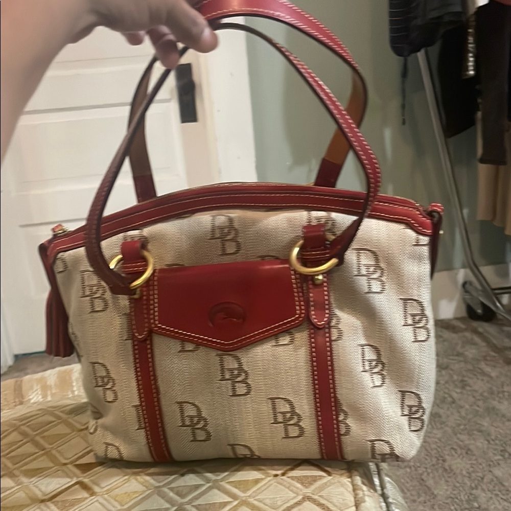 Dooney & Bourke Red and Cream Shoulder Bag with Monogram